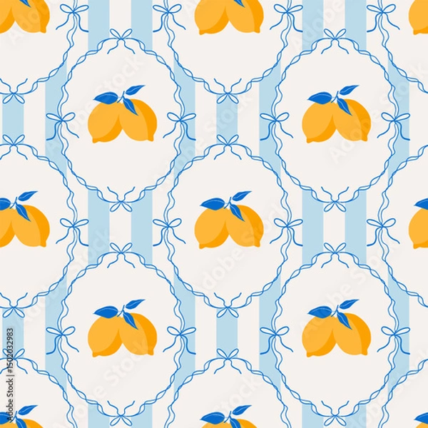 Fototapeta Seamless pattern with lemons in whimsical frames, bows on striped background. Italian vacation aesthetics. Modern trendy vector design for print, fabric, wallpaper, wrapping paper.