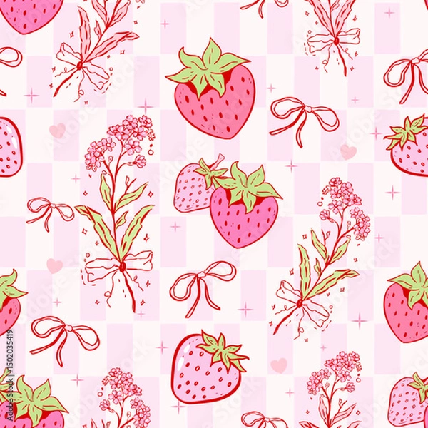 Obraz strawberry with bow, strawberry seamless, strawberry pattern, strawberry wallpaper, strawberry digital paper, strawberry background, cute strawberry design, strawberry aesthetic, strawberry fabric p