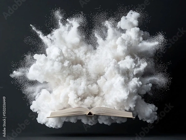 Obraz Open Book Exploding in White Cloud of Particles Against Dark Background