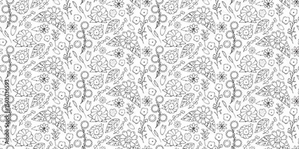 Obraz Doodle botany Floral pattern. Flowers, leaves, buds in seamless Print. Contour blooming field with imaginary fantasy Plants for wallpaper, fabric, textile. Black and white Outline. Vector illustration