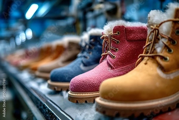 Obraz Colorful winter boots resting on metal shelf in shoe store