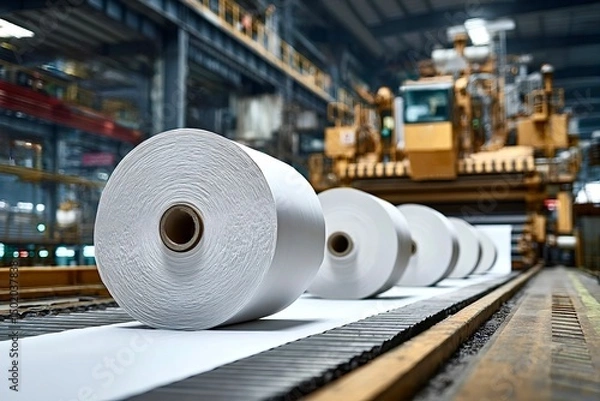 Obraz Paper rolls moving on conveyor belt in factory