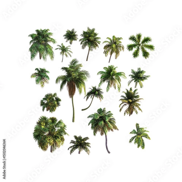 Fototapeta Aerial View Collection of Diverse Palm Trees, Tropical Foliage, Isolated on Transparent Background