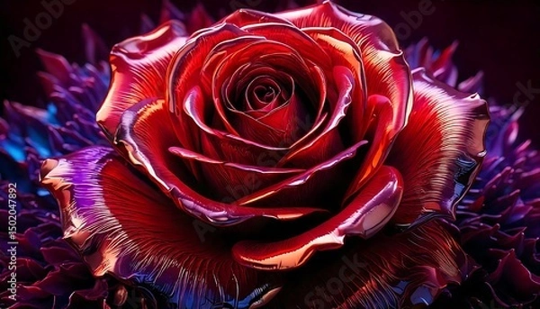 Obraz A digitally rendered rose displays a vibrant, metallic sheen with red, purple, and blue hues. The intricate petals have a reflective, glossy texture, creating a striking and surreal appearance. 