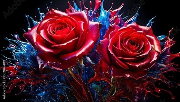 Obraz Red Roses with Dynamic Blue and Red Liquid Splash on Black Background