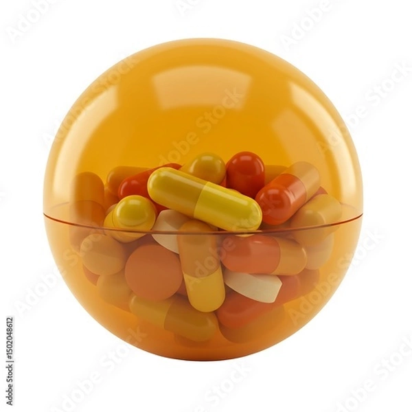 Fototapeta Pills and capsules inside a transparent orange sphere isolated on white background