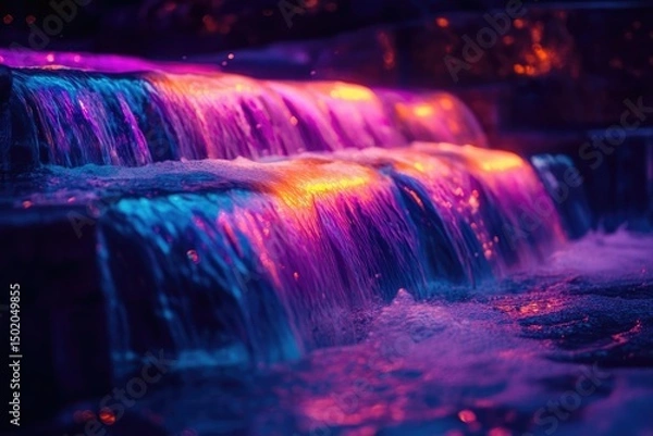 Fototapeta Abstract waterfall illuminated with vibrant neon colors creating a magical and captivating ambiance.