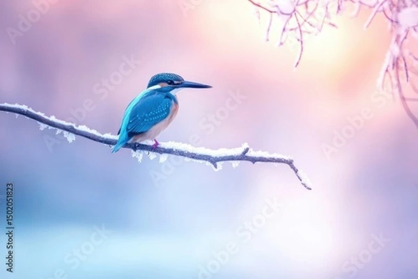 Fototapeta A vibrant blue kingfisher perched on a snow-dusted branch against a soft pink and blue winter backdrop.