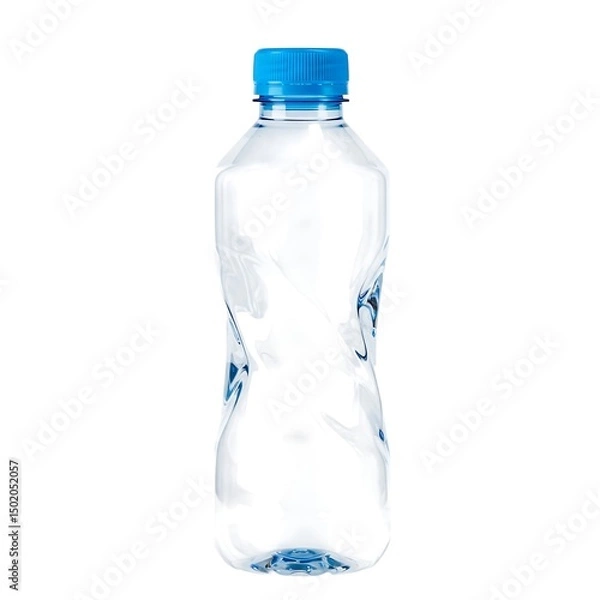 Fototapeta Clear plastic water bottle mockup with blue cap isolated on white background