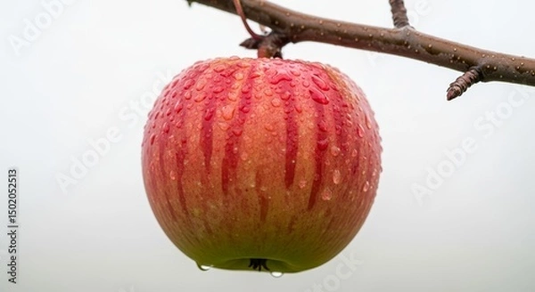 Fototapeta Striped Red Apple with Water Droplets on Branch