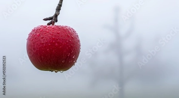 Fototapeta Red Apple with Dew Drops on Branch Foggy Morning