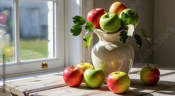 Fototapeta Still Life Apples in Pitcher by Window