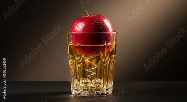 Fototapeta Red Apple on Glass of Juice Dark Background