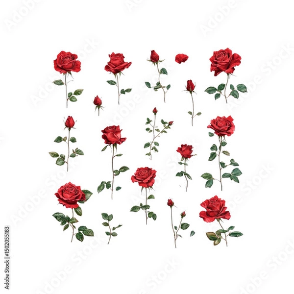 Fototapeta Collection of Red Roses in Various Stages of Bloom - Botanical Illustration