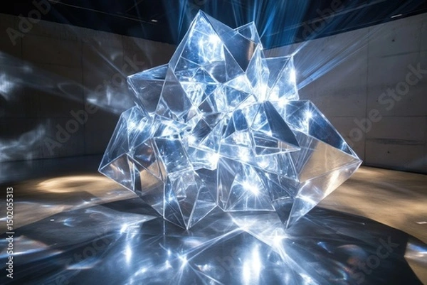 Fototapeta A shiny, multifaceted geometric sculpture refracts light and casts intriguing shadows on a modern concrete floor and wall surface.