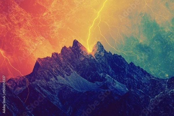 Fototapeta Striking mountain peaks illuminated by a powerful lightning storm under a vibrant, textured sky of red, yellow and blue.
