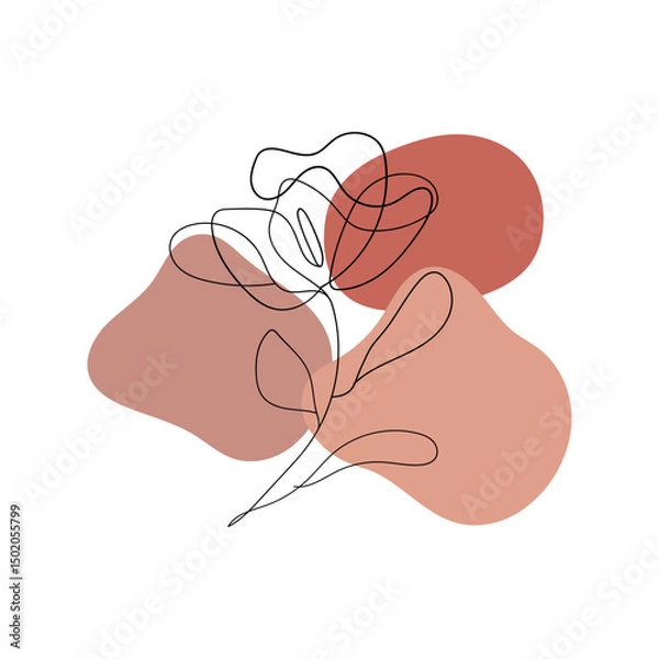Fototapeta Bold Red Petal Line Art. A vibrant, modern one-line floral illustration over warm red and terracotta shapes.