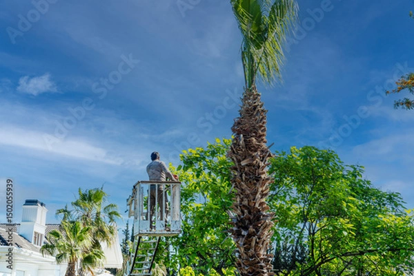 Obraz Palm tree being pruned by a worker using a lift vehicle