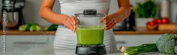 Fototapeta Woman preparing fresh green smoothie using blender in modern kitchen