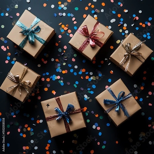Fototapeta Wrapped gifts scattered on a dark surface.