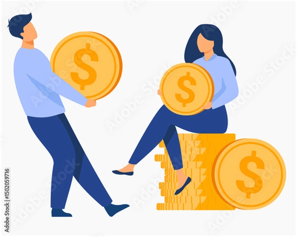 Fototapeta People Holding and Sitting on Stacks of Money Coins