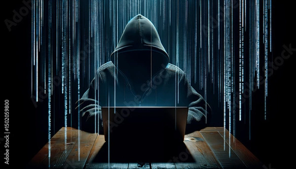 Obraz フードを被ったハッカーとサイバー攻撃のイメージ。情報漏洩や不正アクセス、情報セキュリティの重要性を訴える象徴的な素材