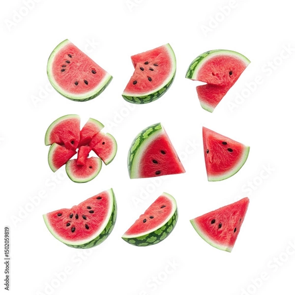 Fototapeta Juicy Watermelon Slices Falling on Transparent Background
