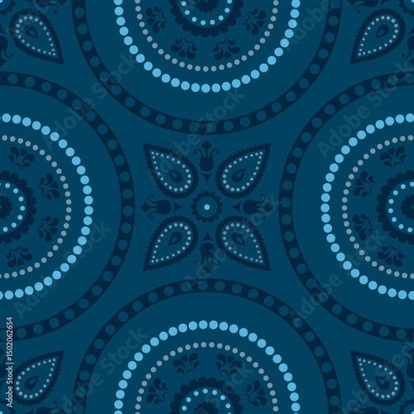 Fototapeta Seamless floral geometric blue pattern. Minimal style with round shapes with simple paisley material
