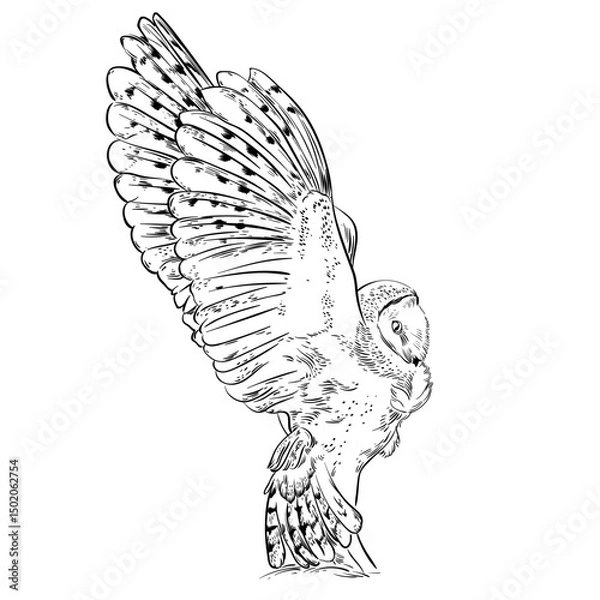 Fototapeta Owl bird black and white engrave hand drawn vector illustration. Line sketch