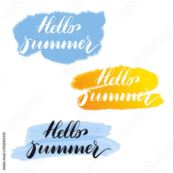 Fototapeta Hand drawing lettering Hello summer on watercolor paintbrush background.