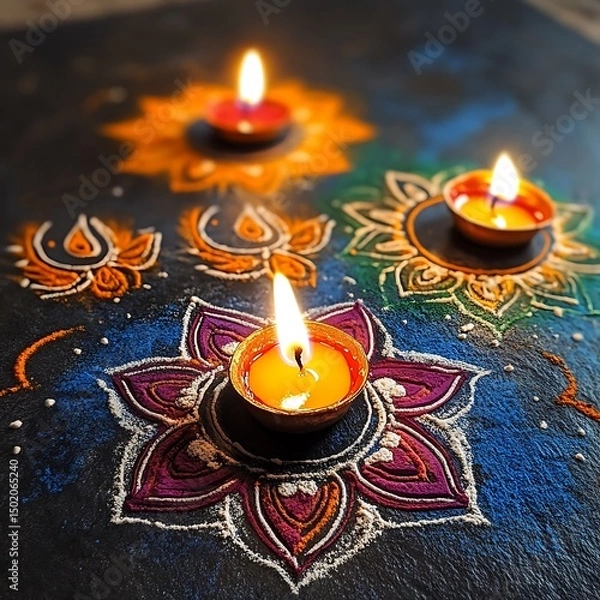 Obraz Colorful rangoli patterns with burning candles.