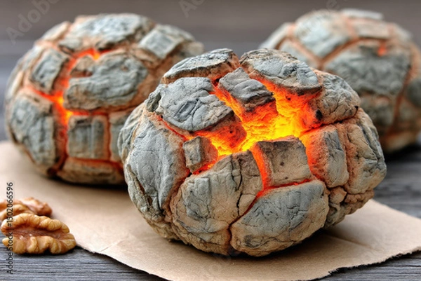 Fototapeta These unusual baked goods resemble cracked stones with fiery orange interiors, creating an otherworldly appearance that merges food and molten geology