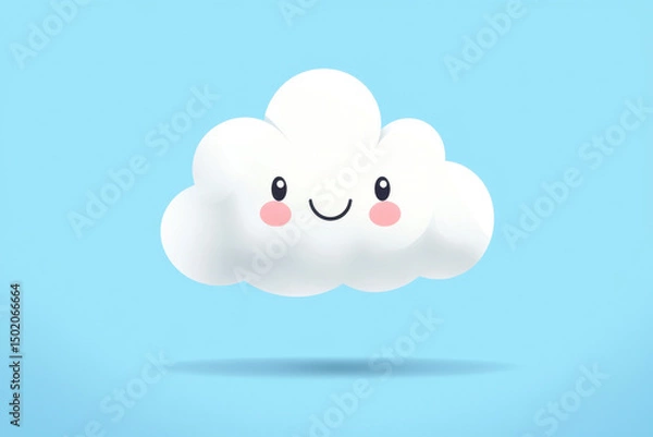 Fototapeta A whimsical clipart-style illustration features a fluffy white cloud with a joyful smile and rosy pink cheeks, set against a calming light blue sky that evokes a sense of playfulness and serenity