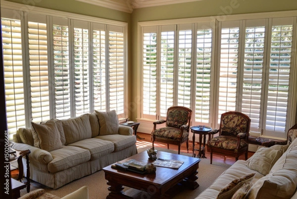 Fototapeta With their wide louvers and custom fit, plantation shutters offer both light control and privacy, framing full-room views with classic elegance and architectural charm