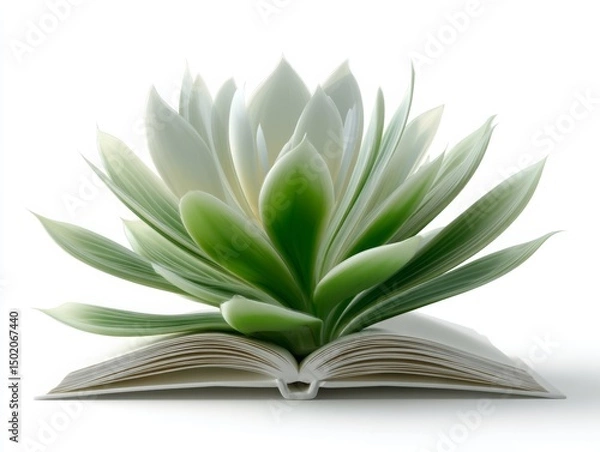 Fototapeta open book with succulent growing from pages. Fantasy story or surreal storytelling. Concept of wealth