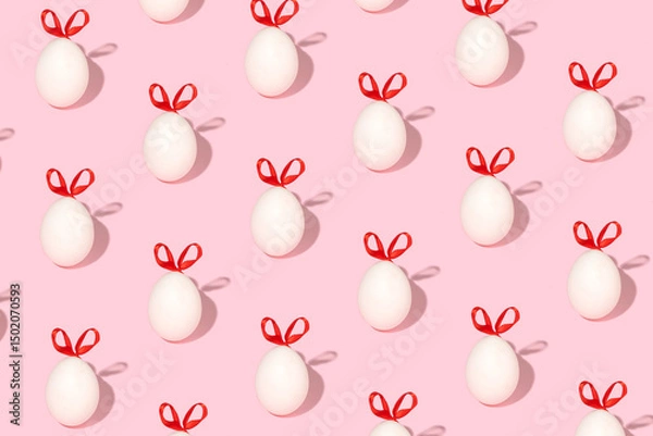 Obraz Creative Easter pattern, eggs and bunnies on a pastel pink background