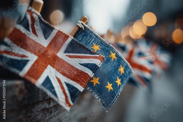 Fototapeta Flags of the UK and EU displayed at a science conference highlighting collaboration and partnership for post-Brexit relations in a bustling city setting