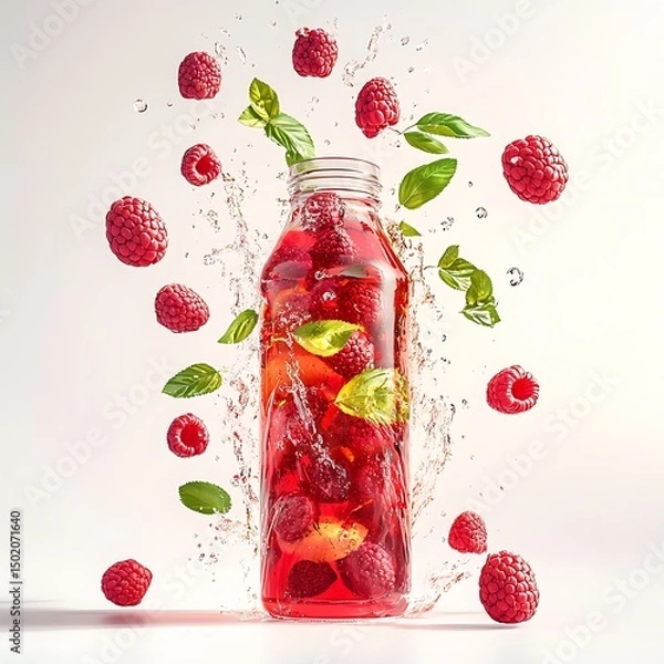 Fototapeta A bottle of raspberry drink with splashes of water and fresh mint leaves.