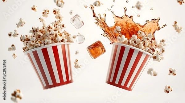 Fototapeta Popcorn and soda in striped containers.