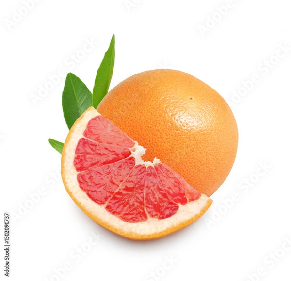 Fototapeta Grapefruit slice and whole ripe fruit isolated on white background	