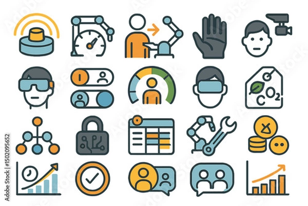 Fototapeta Innovative technology icons depicting modern automation, virtual reality, and data analysis in a digital workspace setting