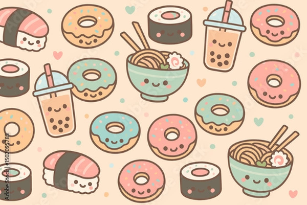 Fototapeta Cute food pattern with sushi, donuts, bubble tea, and ramen on a pastel background
