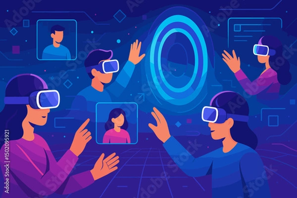 Fototapeta Virtual reality users interacting within a digital space at a tech event
