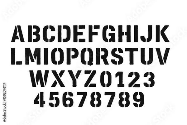 Fototapeta Stencil font displaying uppercase letters and numbers in a bold, industrial style against a plain background