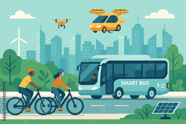 Fototapeta Modern transportation in a vibrant city featuring smart buses, bicycles, and drones on a sunny day