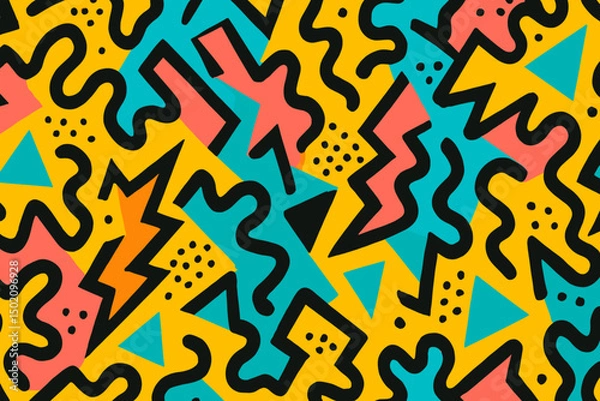 Fototapeta Bright abstract geometric patterns featuring colorful shapes and wavy lines on a vibrant yellow background
