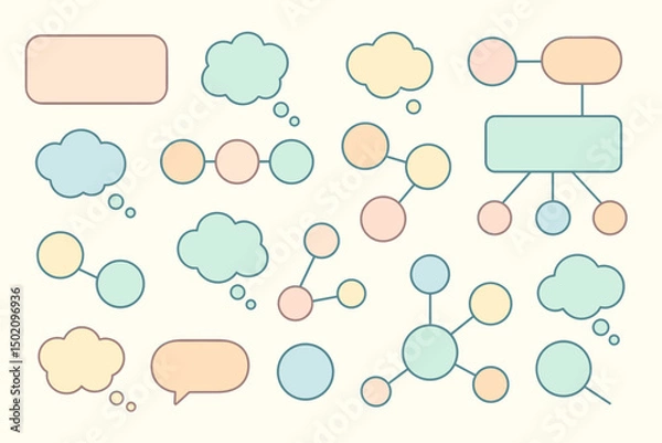 Fototapeta Colorful mind map elements and thought bubbles on a light background for creative brainstorming sessions