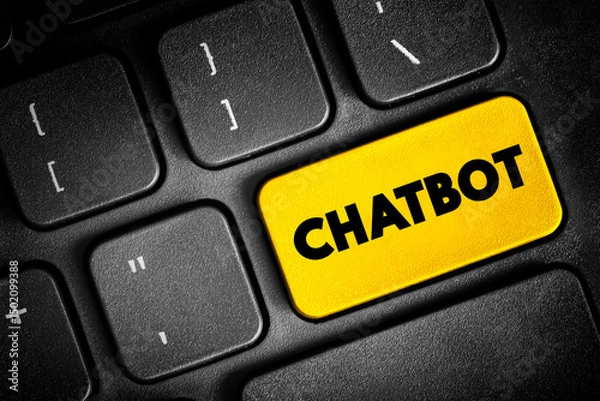 Obraz Chatbot - software application used to conduct an on-line chat conversation via text and simulates human-like conversations, text concept button on keyboard
