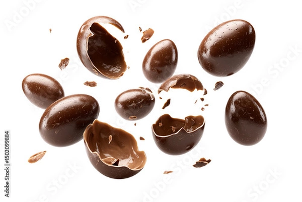 Fototapeta A set of digitally rendered chocolate eggs breaking apart with intricate lighting and motion, isolated on a transparent background