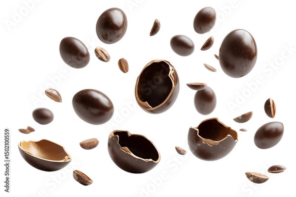Fototapeta A set of floating chocolate eggs in various broken forms with dramatic lighting effects, isolated on a transparent background